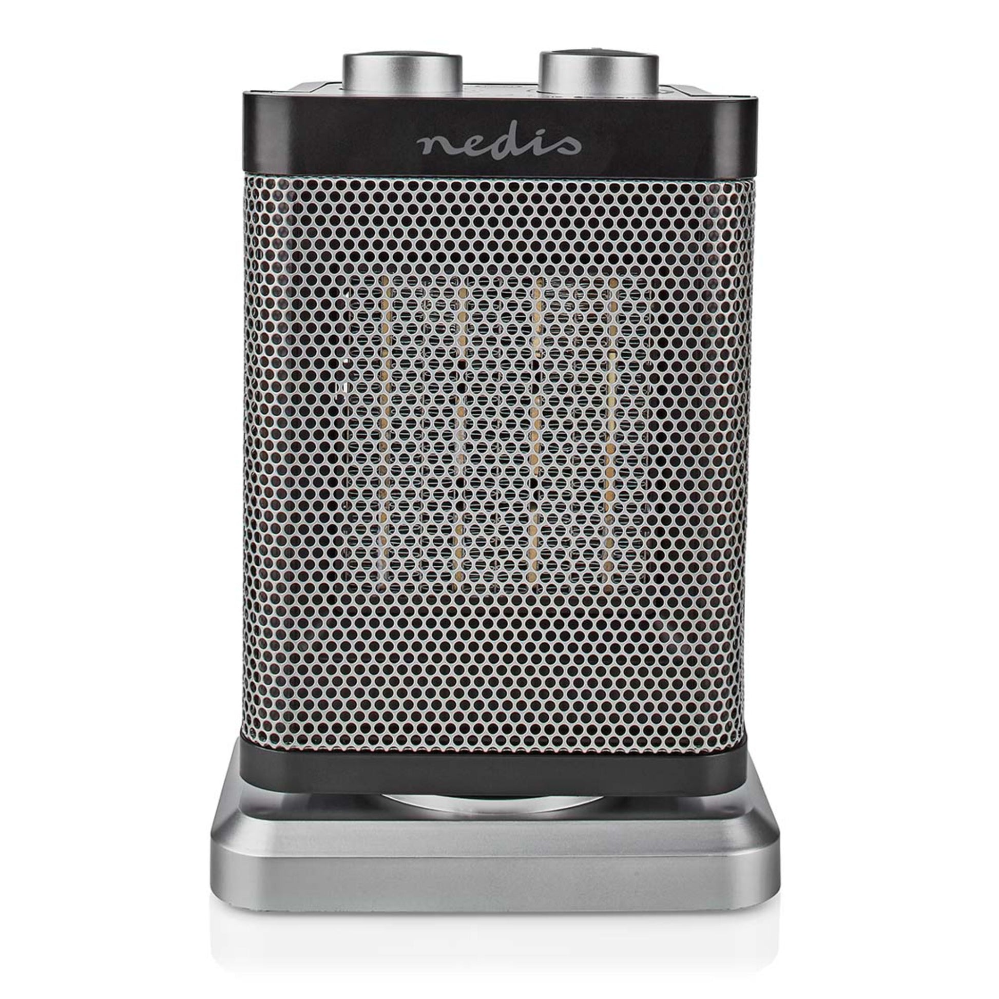Nedis keramisk varmeblæser 1500W, rektangulær, metalgitter foran, to kontrolknapper på toppen, sølvfarvet bund.
