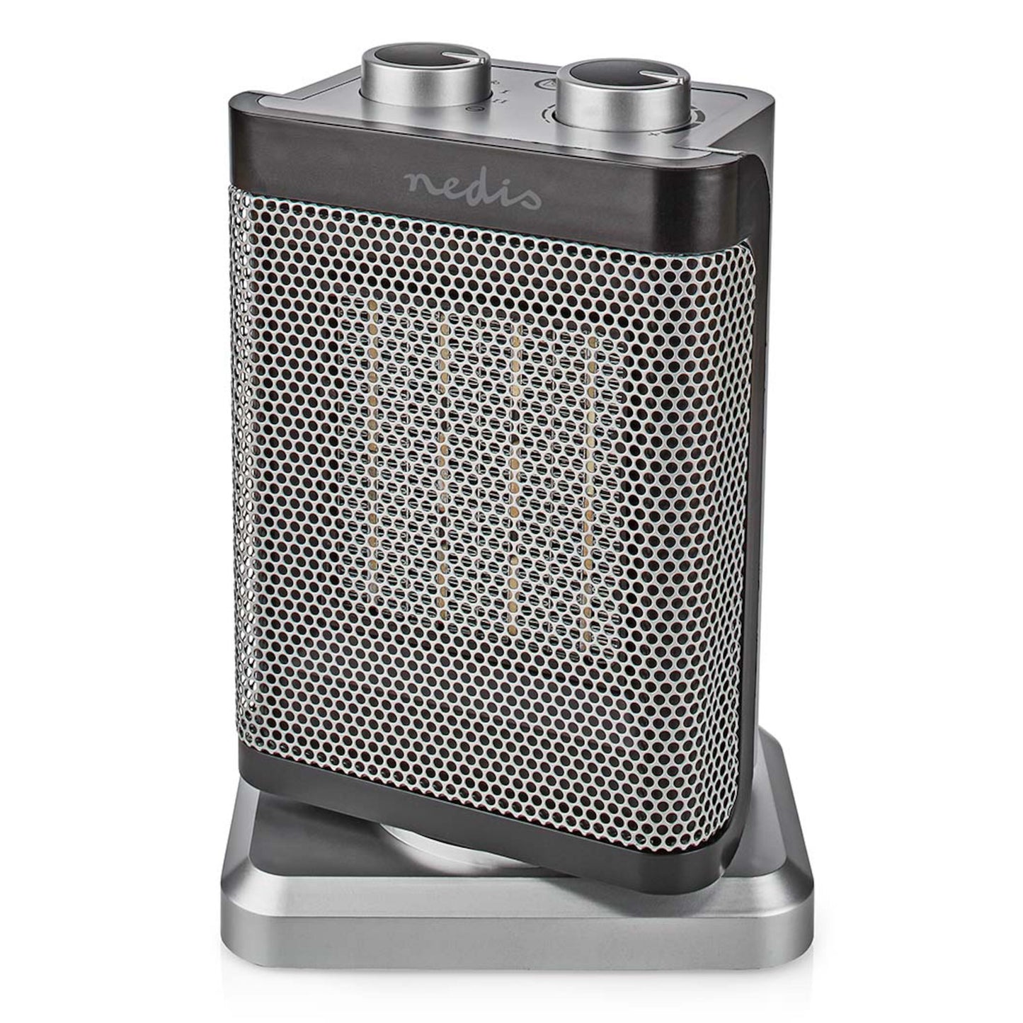 Nedis keramisk varmeblæser 1500 W, rektangulær, sort og sølv front, to topknapper, firkantet fod, overophedningsbeskyttelse.
