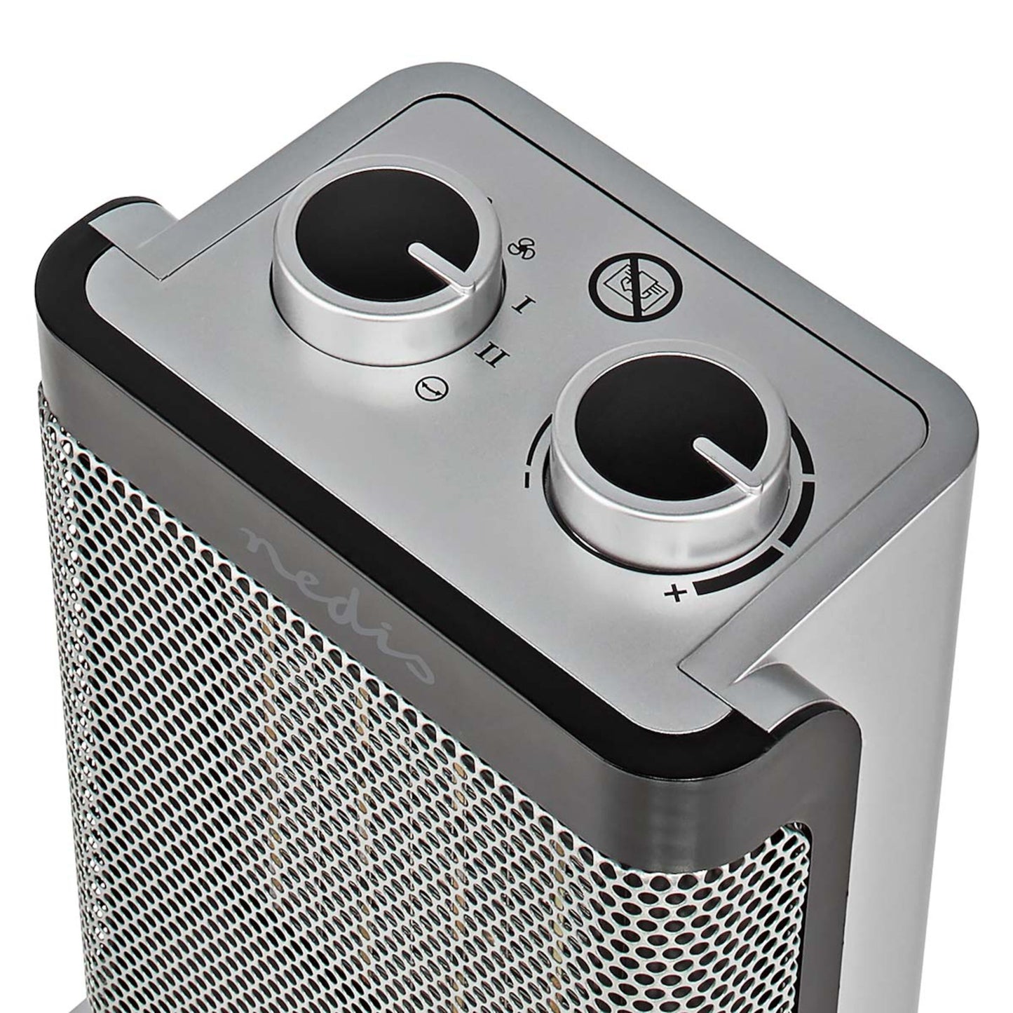 Nedis Keramisk Varmeblæser 1500 W top med to drejeknapper til effekt og temperatur, termostat, overophedningssikring, gitterfront.