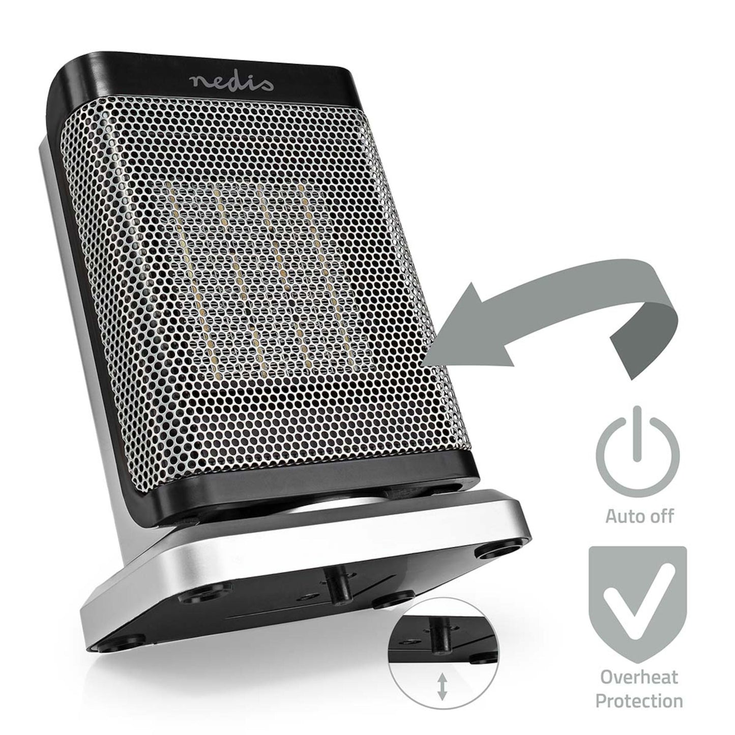 Nedis Keramisk Varmeblæser 1500 W sort/sølv, mesh front, auto off og overophedningsikoner, vippebeskyttelse i basen.