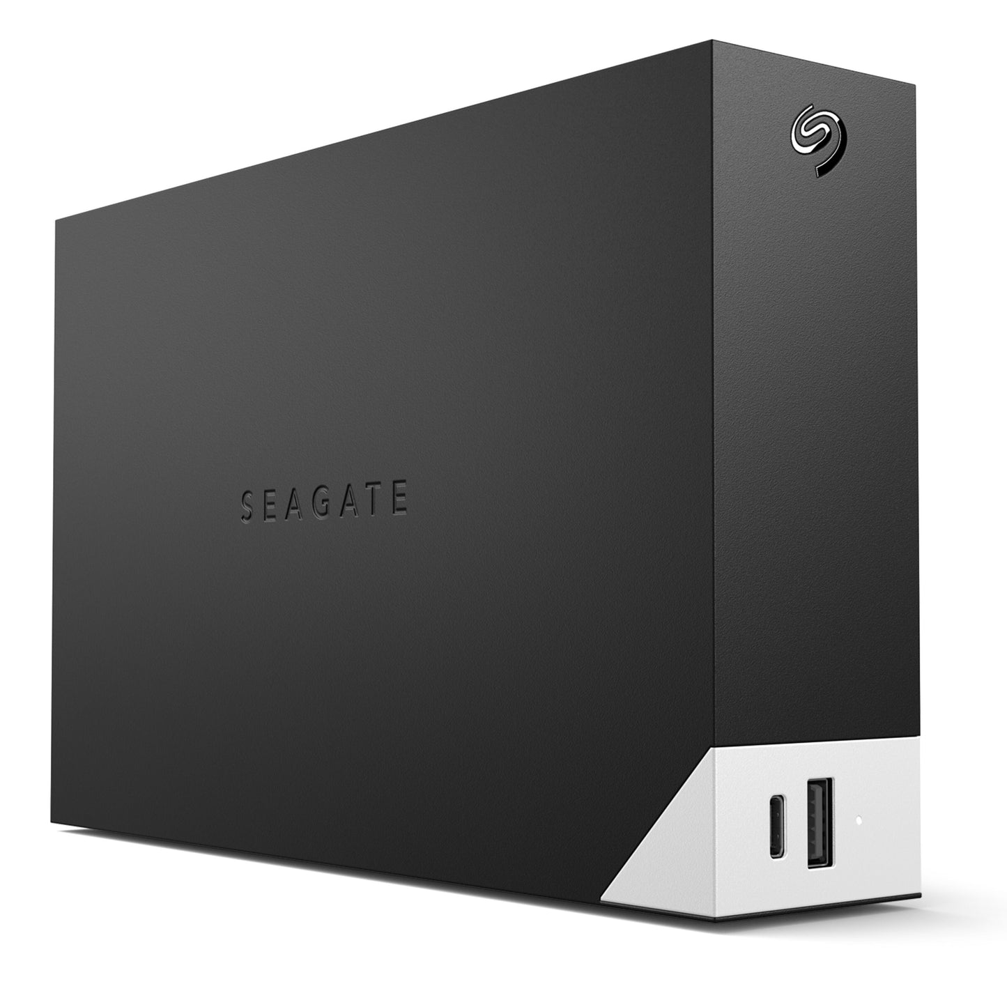 Seagate One Touch Desktop ekstern harddisk 8TB, sort/hvid, USB-port, LED-indikator, Seagate-logo på øverste hjørne.