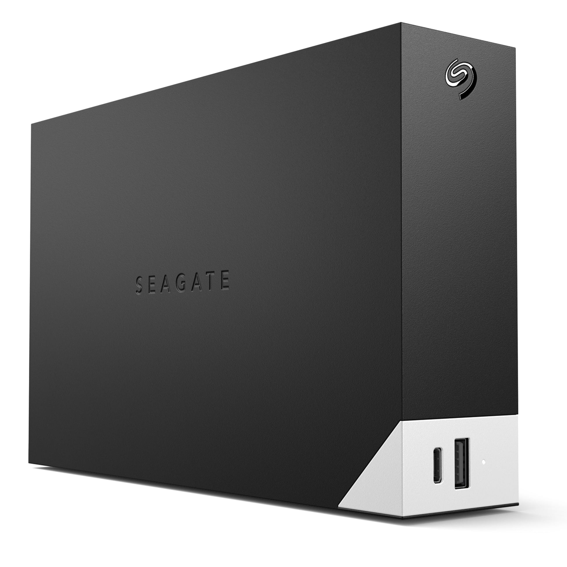 Seagate One Touch Desktop ekstern harddisk 8TB, sort/hvid, USB-port, LED-indikator, Seagate-logo på øverste hjørne.