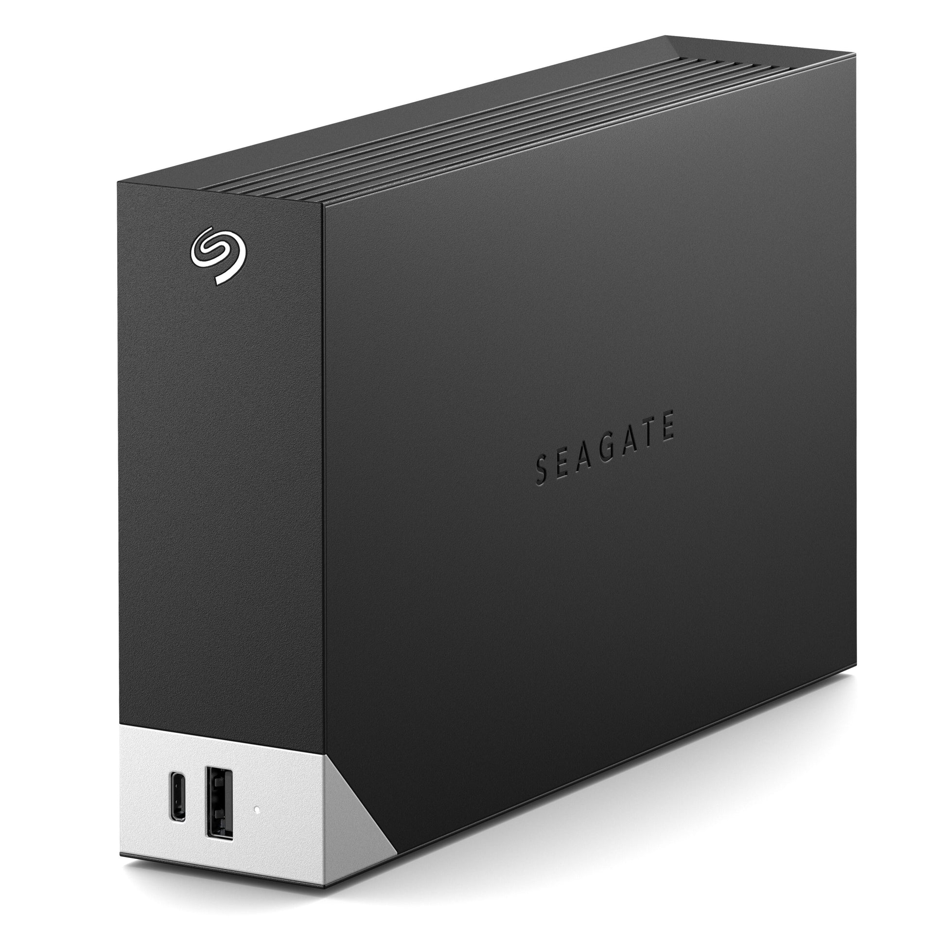 Seagate One Touch Desktop ekstern harddisk 8TB, sort og sølv, rektangulær, USB-porte foran, logo øverst til venstre, ventileret top.