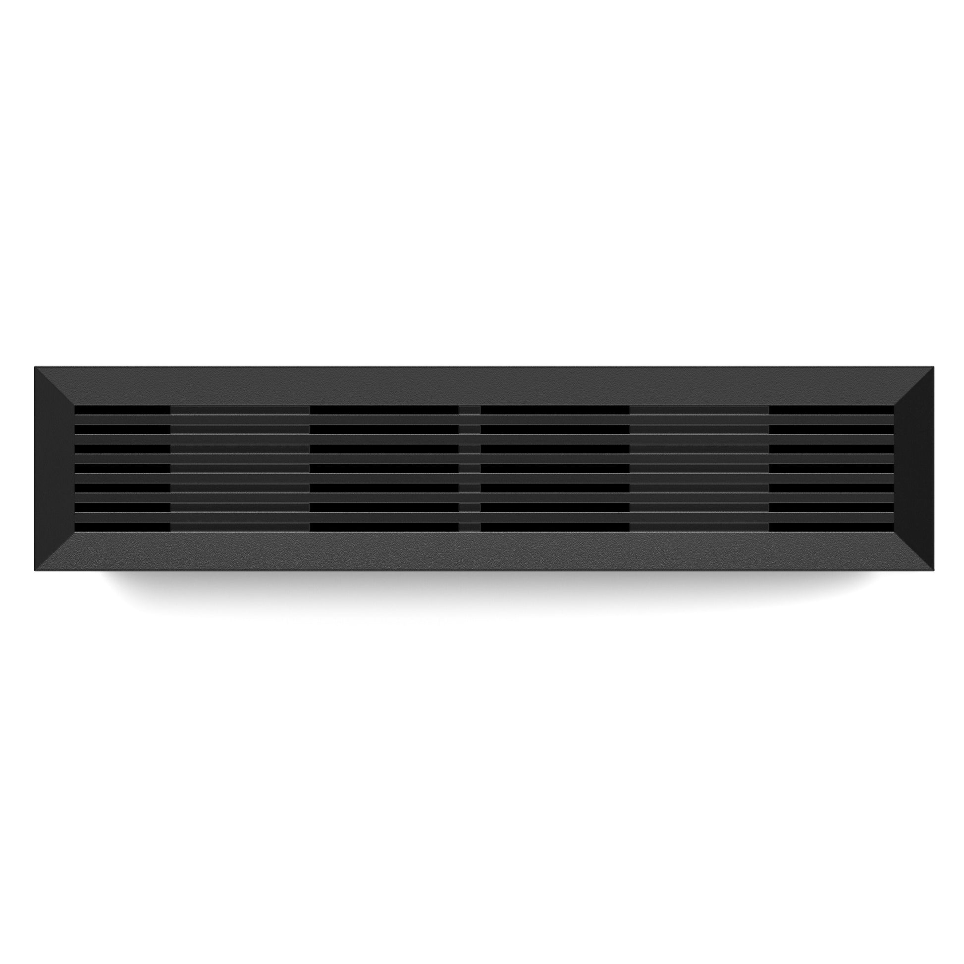 Sort rektangulær luftgitter med vandrette lameller, synlig Seagate One Touch Desktop ekstern harddisk 8TB.