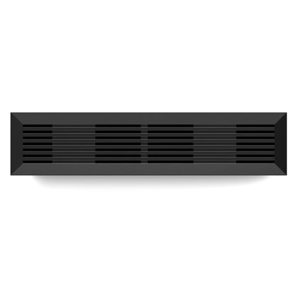 Sort rektangulær luftgitter med vandrette lameller, synlig Seagate One Touch Desktop ekstern harddisk 8TB.