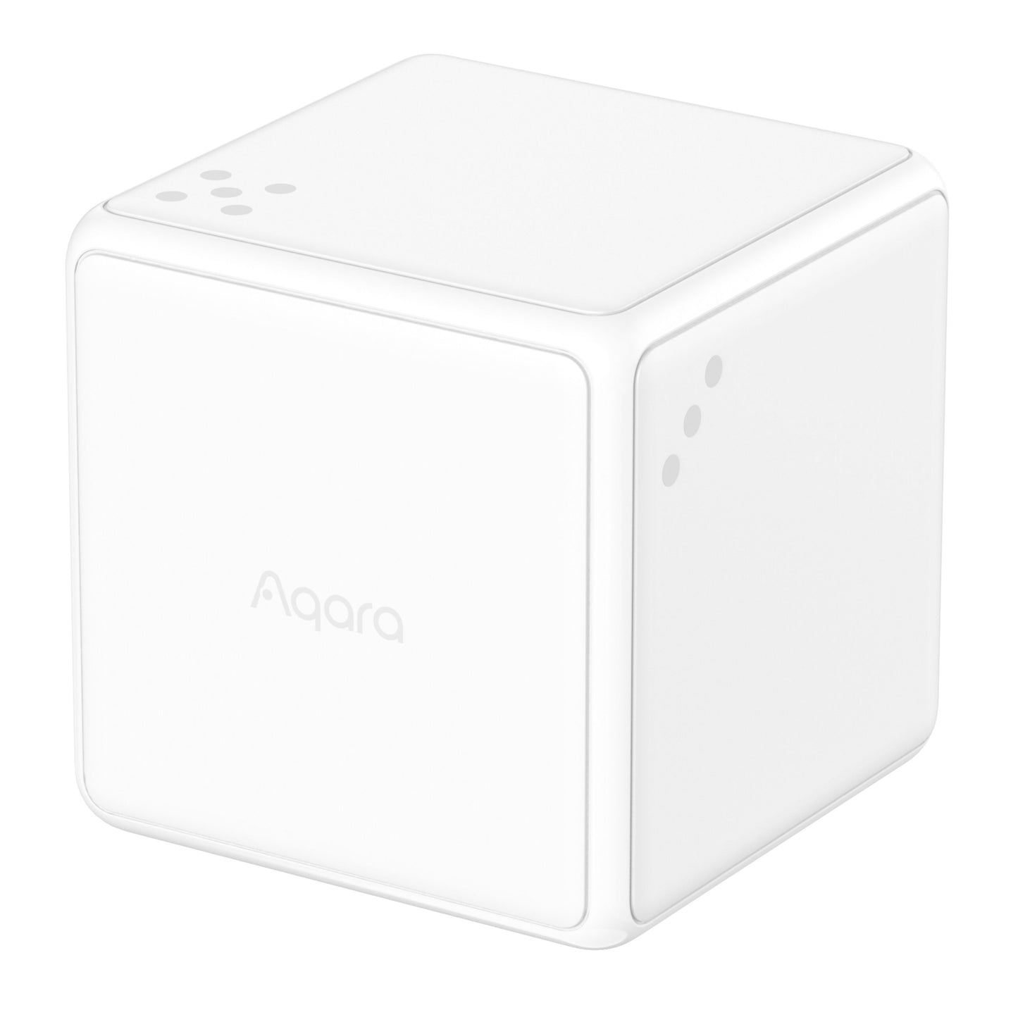 Aqara Cube T1 Pro hvid kubeformet smart home-enhed med afrundede kanter, Aqara-logo og ZigBee 3.0-understøttelse.