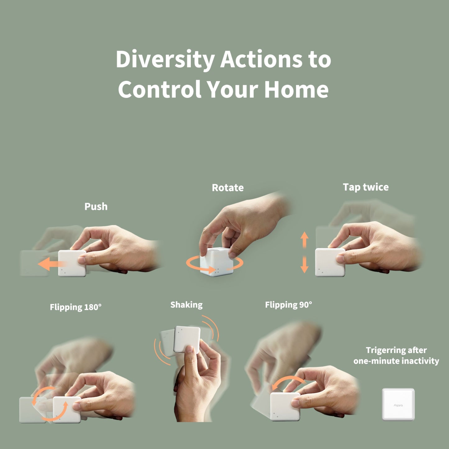 Aqara Cube T1 Pro smart home styring, viser håndbevægelser: tryk, drej, dobbelttryk, flip og ryst, ZigBee 3.0.