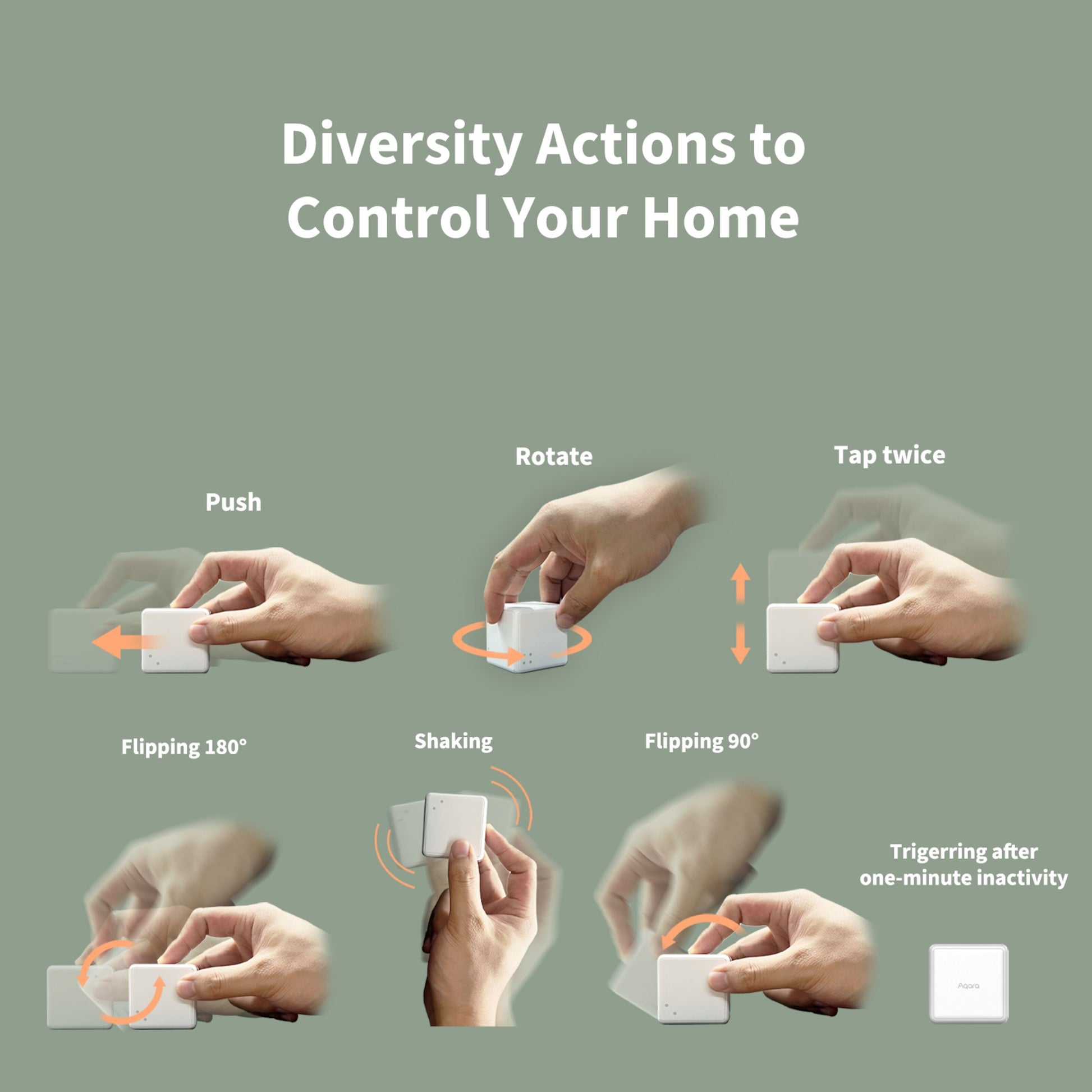 Aqara Cube T1 Pro smart home styring, viser håndbevægelser: tryk, drej, dobbelttryk, flip og ryst, ZigBee 3.0.