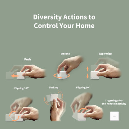 Aqara Cube T1 Pro smart home styring, viser håndbevægelser: tryk, drej, dobbelttryk, flip og ryst, ZigBee 3.0.