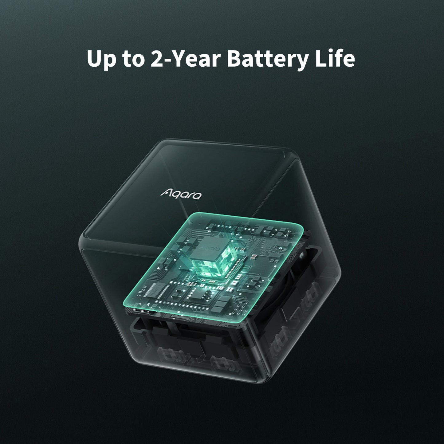 Aqara Cube T1 Pro transparent smart home enhed, visning af indre dele, ZigBee 3.0, "Op til 2 års batterilevetid", Aqara-logo.