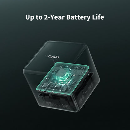 Aqara Cube T1 Pro transparent smart home enhed, visning af indre dele, ZigBee 3.0, "Op til 2 års batterilevetid", Aqara-logo.