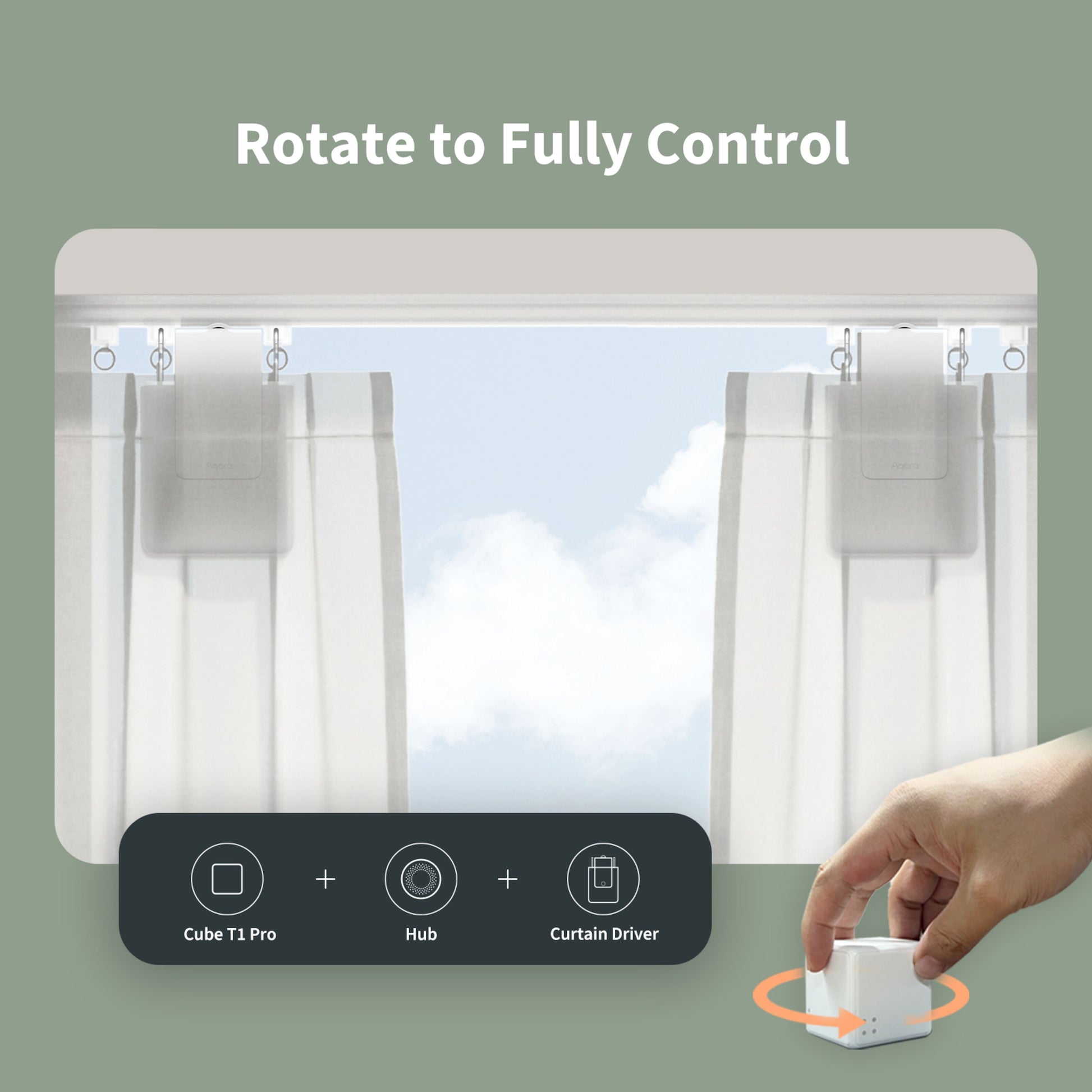 Aqara Cube T1 Pro roterer i hånden til styring af smart gardin via Zigbee 3.0, ikoner viser Curtain Driver og Hub-forbindelse.