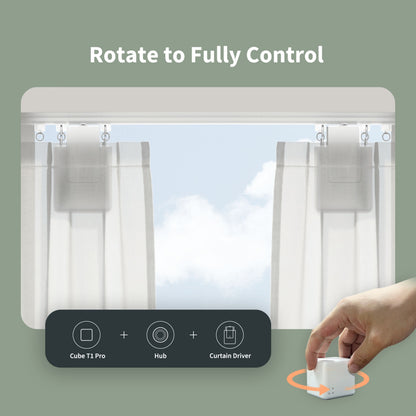 Aqara Cube T1 Pro roterer i hånden til styring af smart gardin via Zigbee 3.0, ikoner viser Curtain Driver og Hub-forbindelse.
