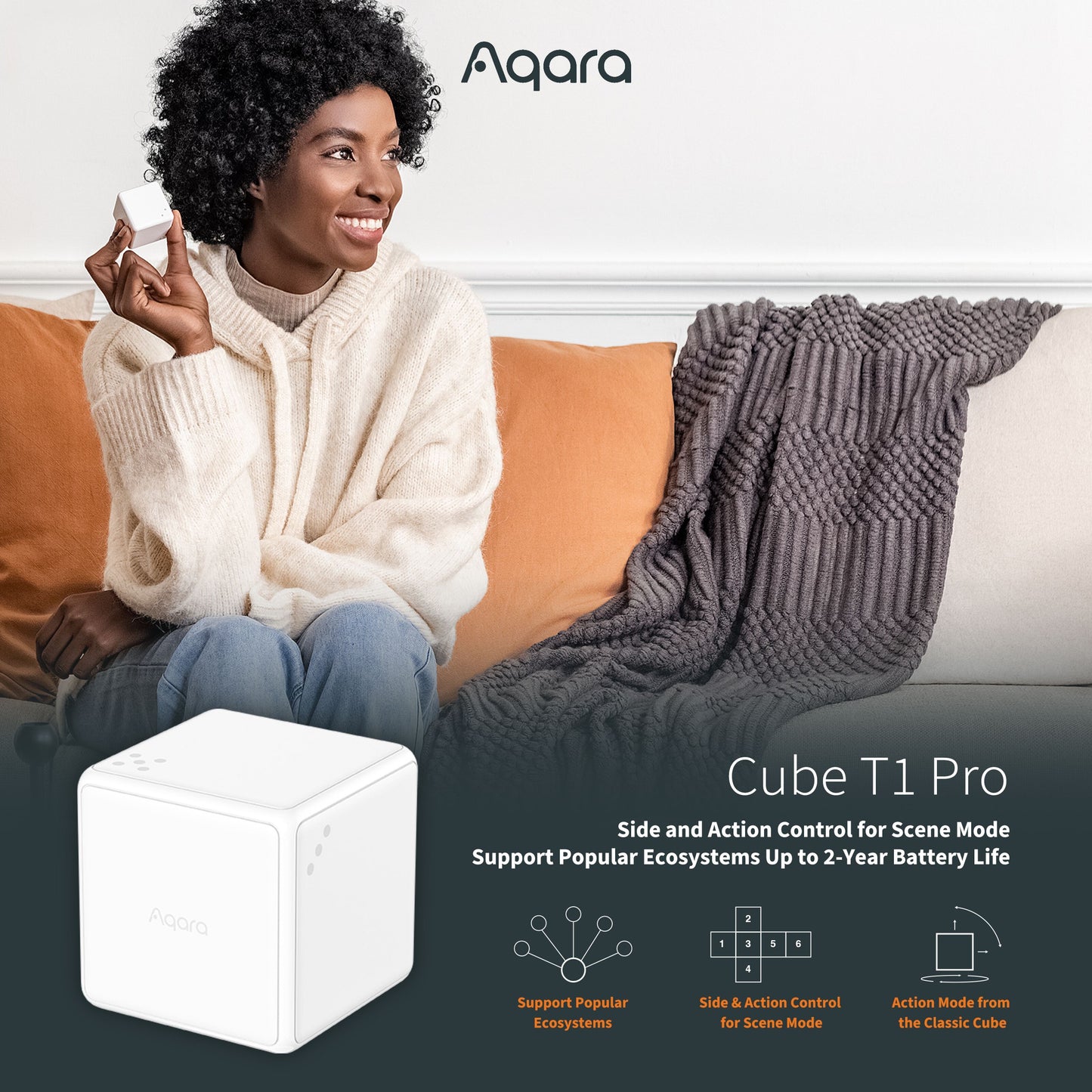 Aqara Cube T1 Pro hvid smart home-enhed med ZigBee 3.0, scenekontrol, lang batteritid og bred kompatibilitet.