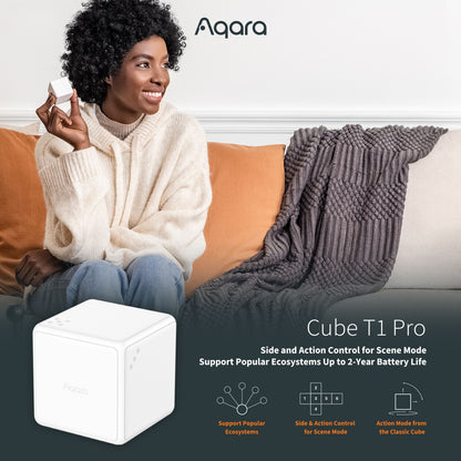 Aqara Cube T1 Pro hvid smart home-enhed med ZigBee 3.0, scenekontrol, lang batteritid og bred kompatibilitet.