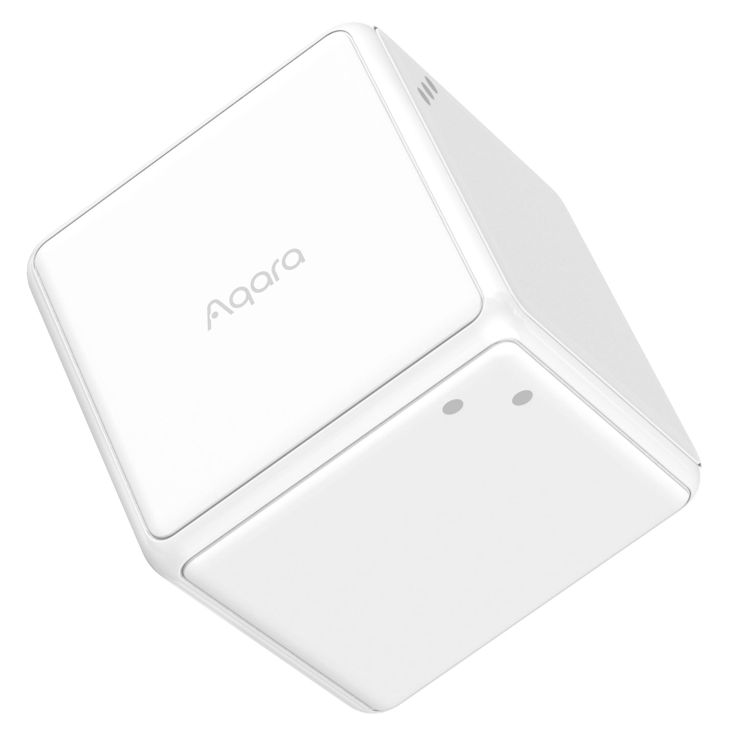 Aqara Cube T1 Pro hvid kubeformet smart home-enhed med afrundede hjørner, Aqara-logo og to små cirkulære indikatorer, ZigBee 3.0.