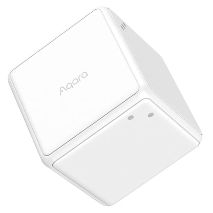 Aqara Cube T1 Pro hvid kubeformet smart home-enhed med afrundede hjørner, Aqara-logo og to små cirkulære indikatorer, ZigBee 3.0.