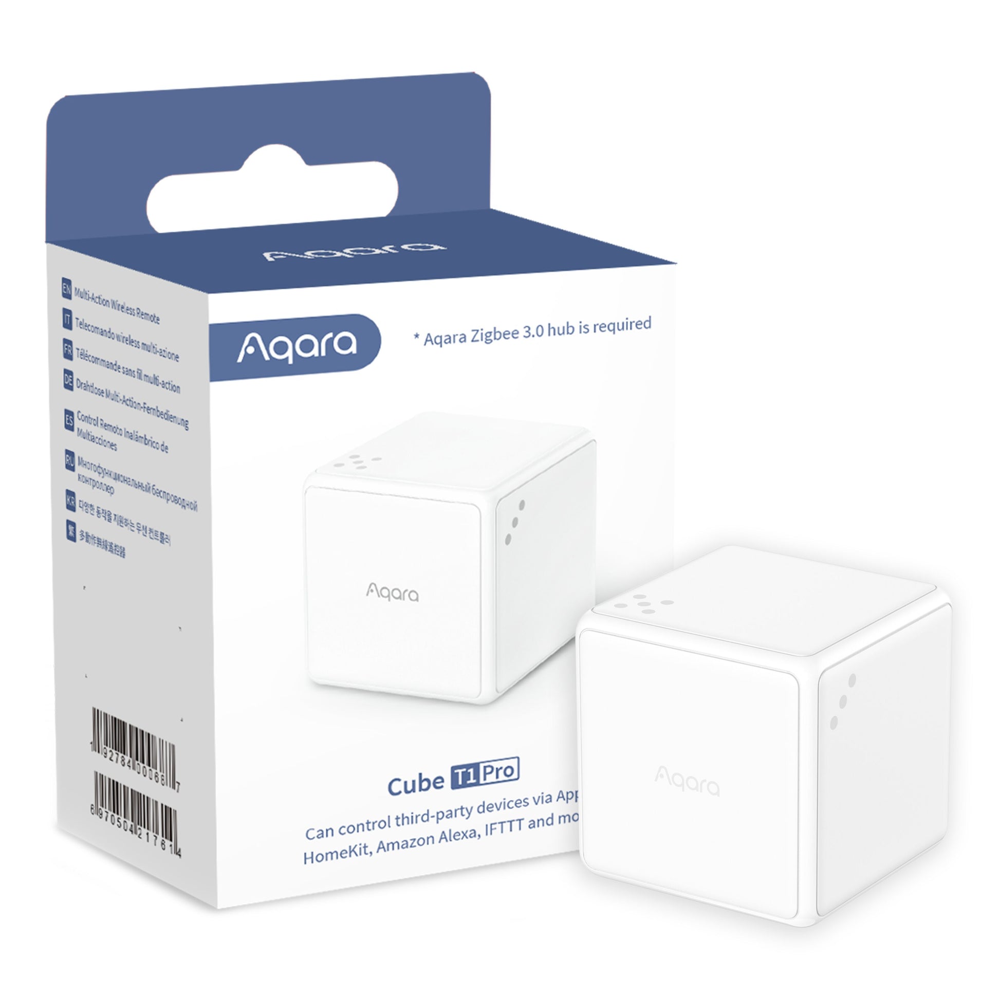 Aqara Cube T1 Pro ved siden af blå-hvid æske med produktbillede, ZigBee 3.0 og kompatibilitetsinfo.