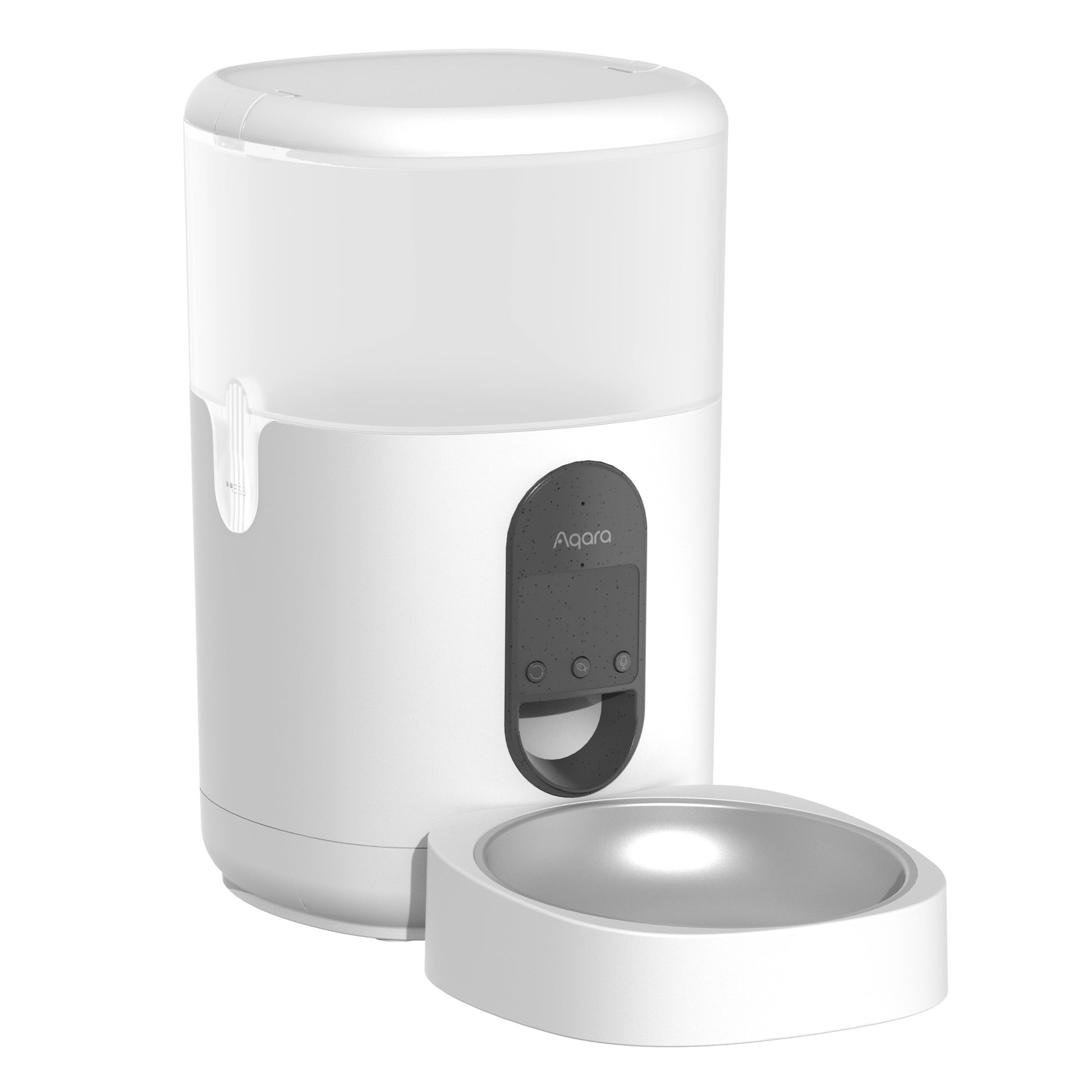 Aqara Smart kæledyrsfoderautomat C1, hvidt kabinet, sort kontrolpanel, aftagelig sølvfoderskål, display og knapper.