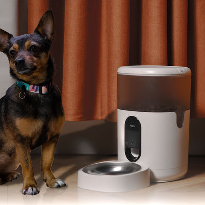 Aqara Smart kæledyrsfoderautomat C1 ved siden af sortbrun hund med farvet halsbånd og tom skål på trægulv.