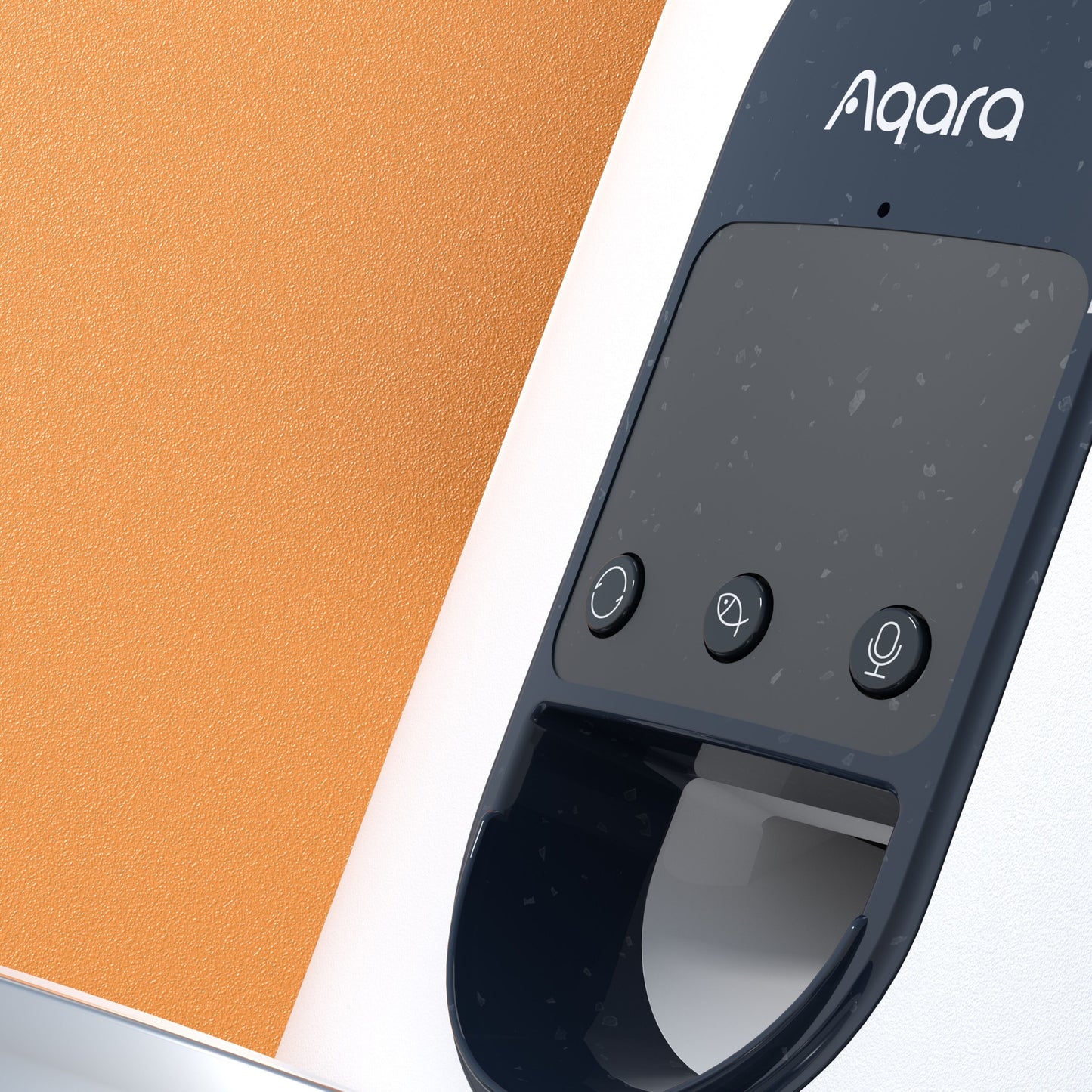 Aqara Smart kæledyrsfoderautomat C1 mørk farve med touchknapper ved orange væg.