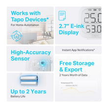 Tapo T315 smart termometer og hygrometer med 2,7" E-ink skærm, sensor, app-advarsler, Tapo kompatibilitet, op til 2 års batteri.