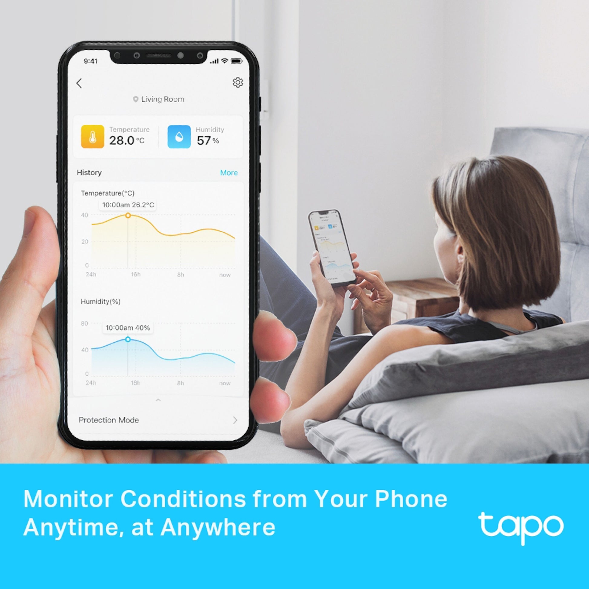 Tp-Link Tapo T315 smart termometer og hygrometer app på mobil, temperatur- og fugtdiagrammer, Tp-Link logo.