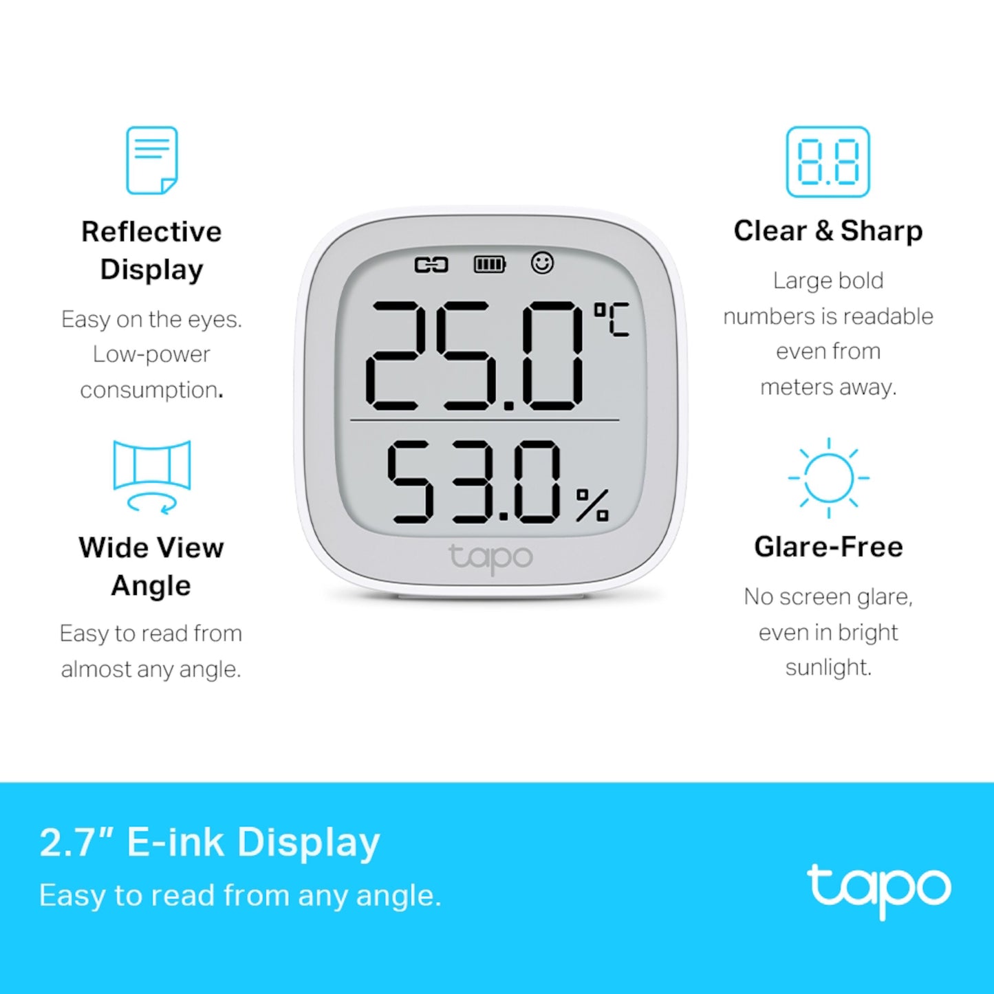 Tapo T315 smart termometer og hygrometer, 2,7" E-ink display, viser 25,0°C og 53, hvid, batteri.