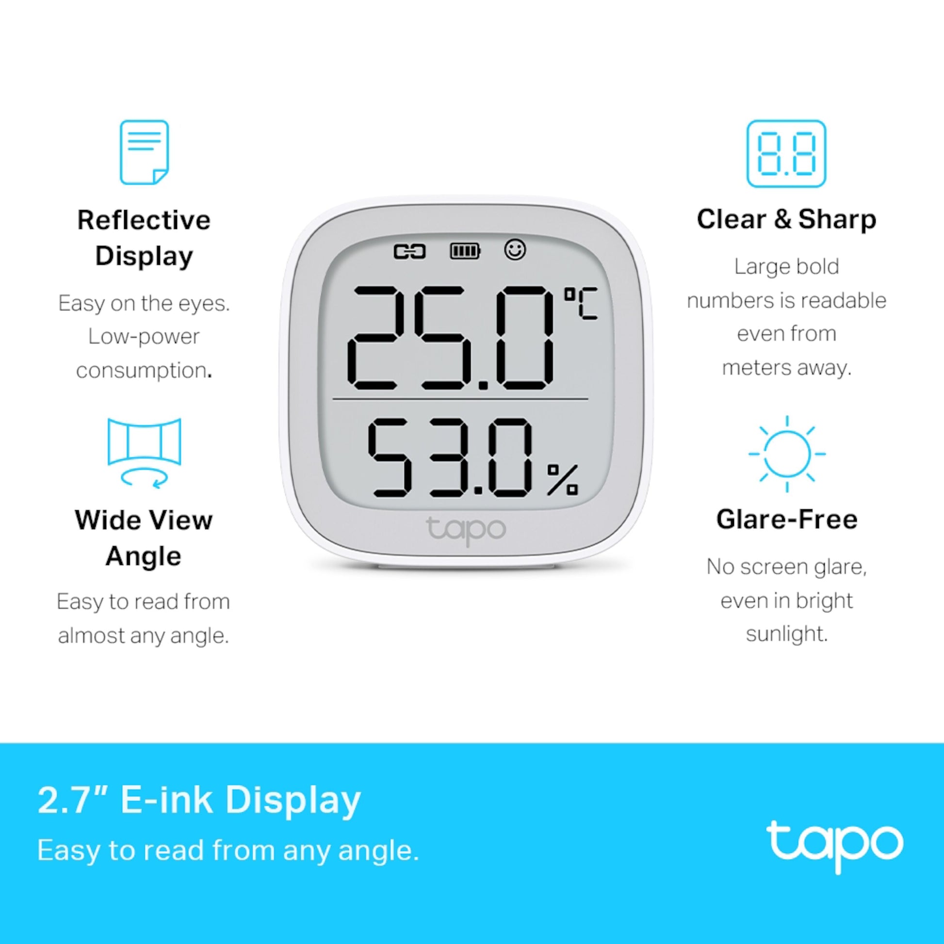 Tapo T315 smart termometer og hygrometer, 2,7" E-ink display, viser 25,0°C og 53, hvid, batteri.