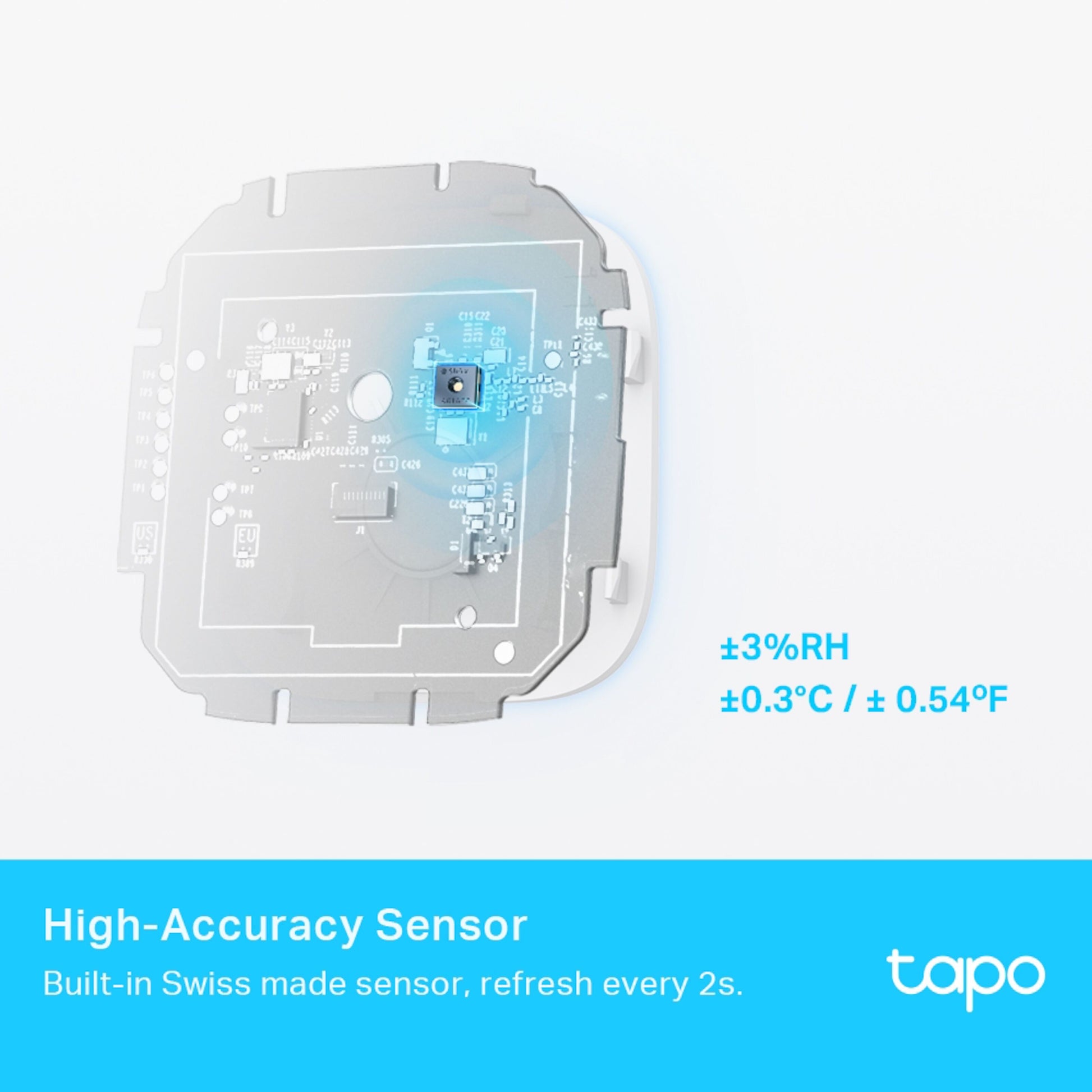 TP-Link Tapo T315 termometer og hygrometer nærbillede af internt kredsløb, ±3RF/±0,3°C sensor nøjagtighed, TP-Link logo.
