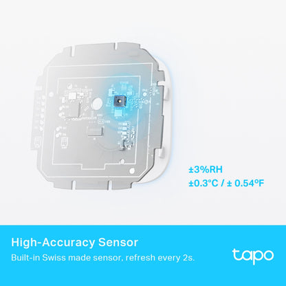 TP-Link Tapo T315 termometer og hygrometer nærbillede af internt kredsløb, ±3RF/±0,3°C sensor nøjagtighed, TP-Link logo.