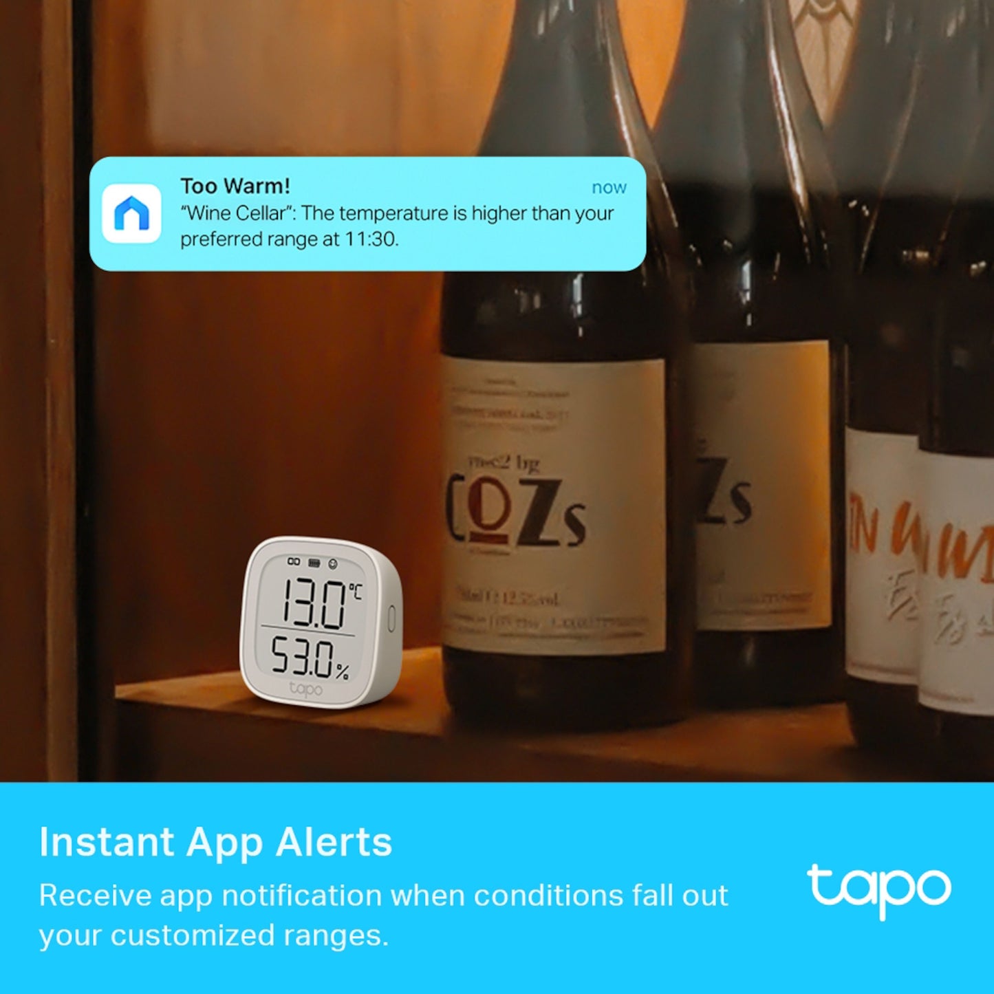TP-Link Tapo T315 smart termometer og hygrometer viser 13,0°C og 53 luftfugtighed, notifikation om høj temperatur.