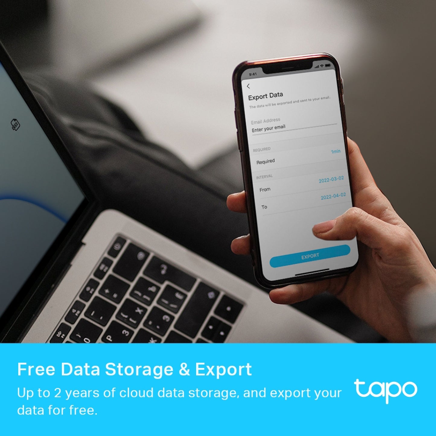 TP-Link Tapo T315 Smart Termometer og hygrometer app dataeksport vises på smartphone, TP-Link logo synligt.
