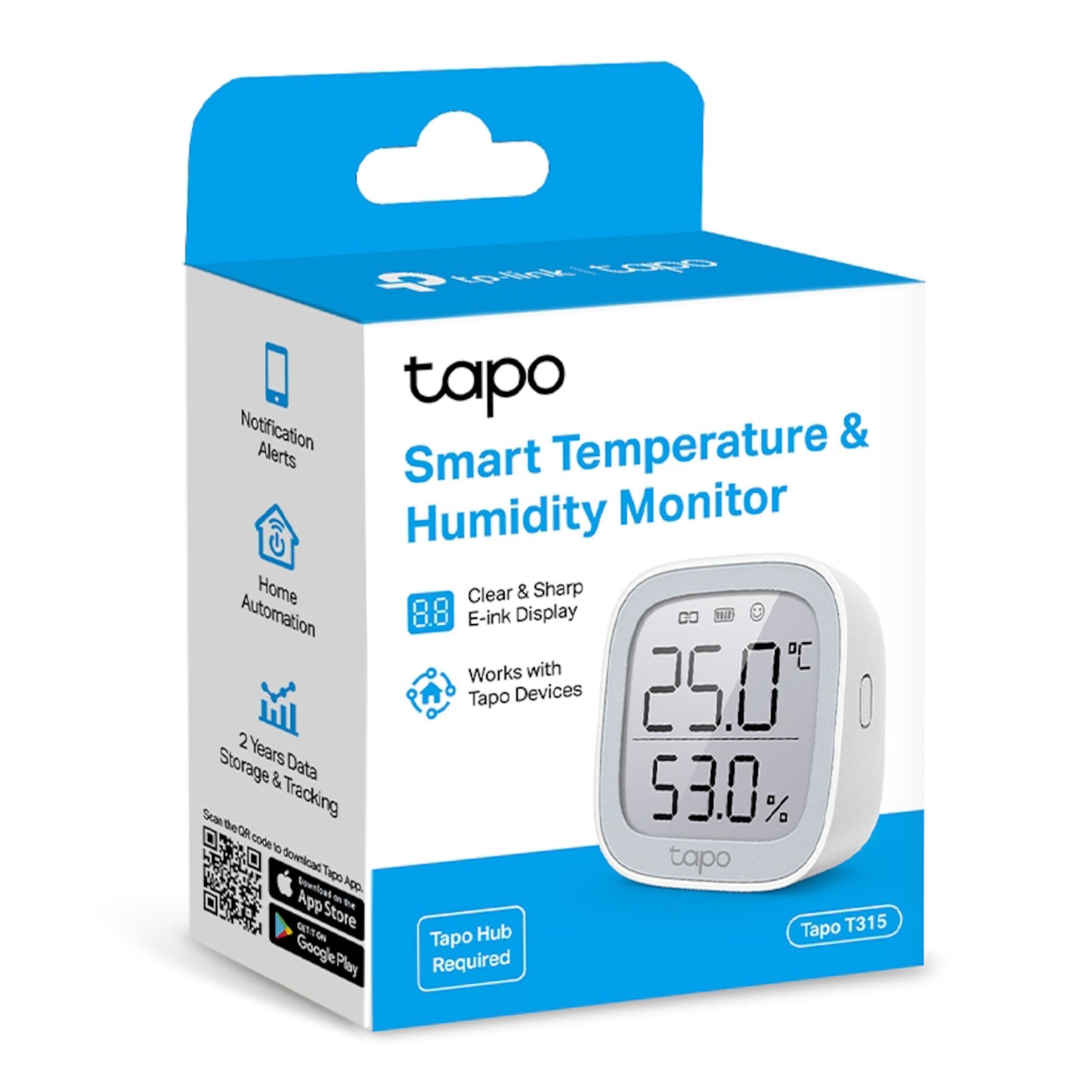 TP-Link Tapo T315 smart termometer og hygrometer æske, viser 25,0°C og 53, blå/hvid, kompatibel med Tapo.