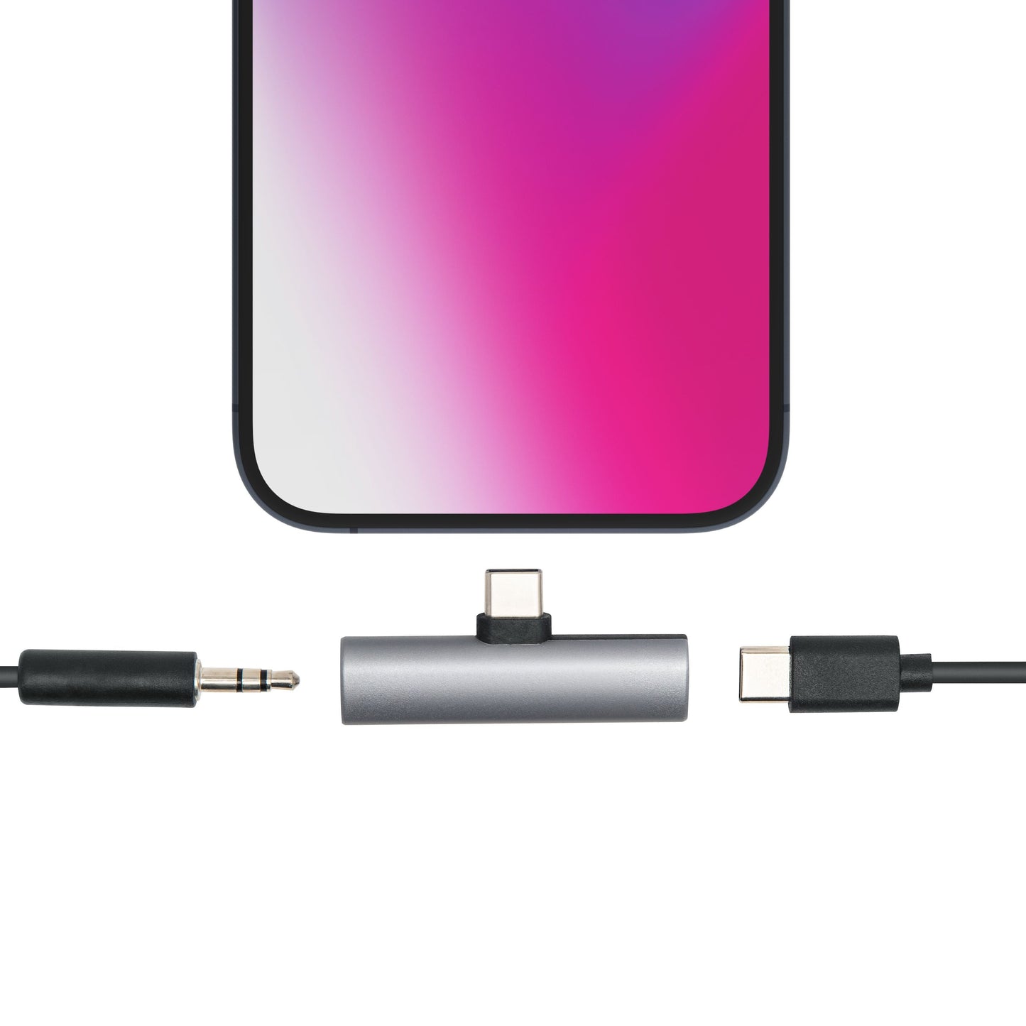 Smartphone med USB-C til USB-C og 3,5 mm lydadapter til opladning og lyd, viser stik klar til tilslutning.
