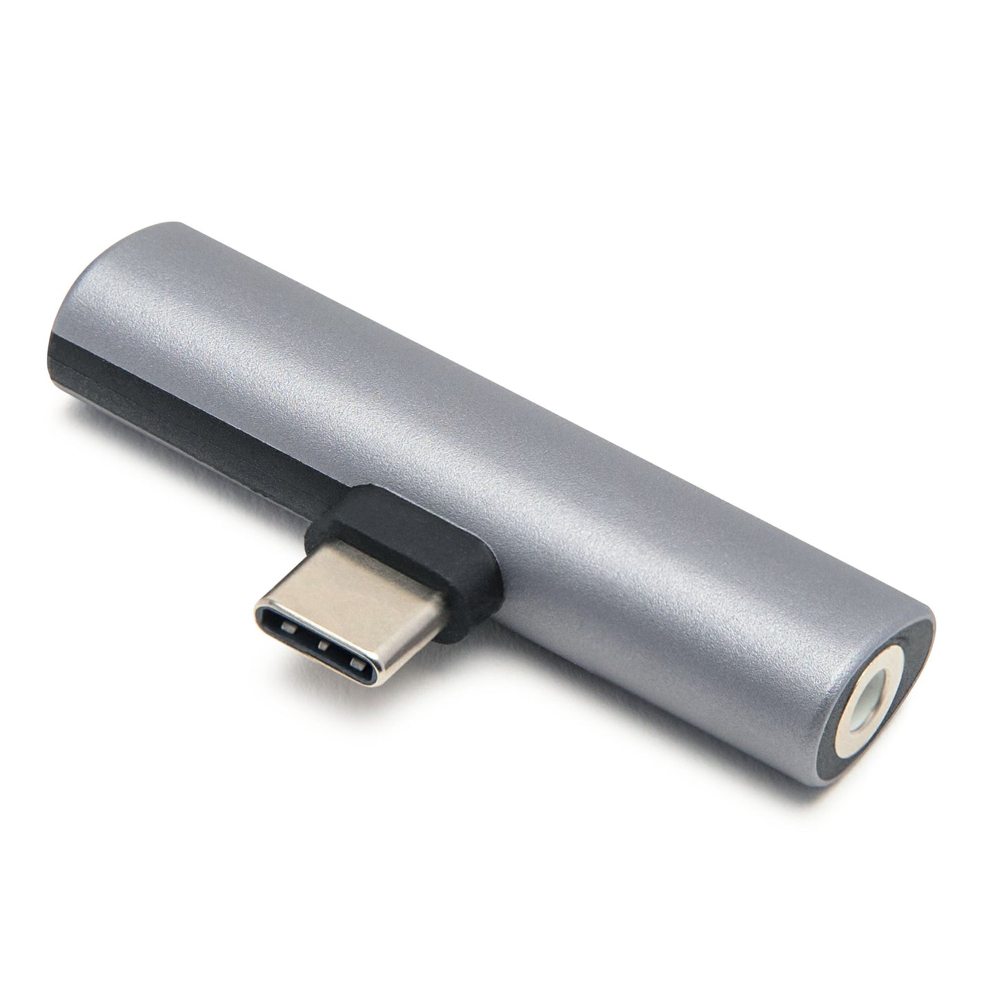 Linocell USB-C til USB-C og 3,5 mm lydadapter, kort cylindrisk metaldesign, til hovedtelefoner uden lydport.