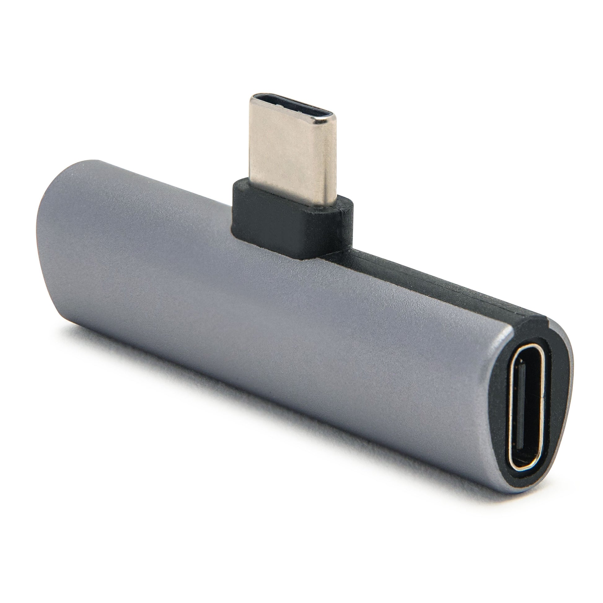 USB-C til USB-C og 3,5 mm lydadapter, metallic grå, hun/han USB-C port til opladning og lyd via USB-C.