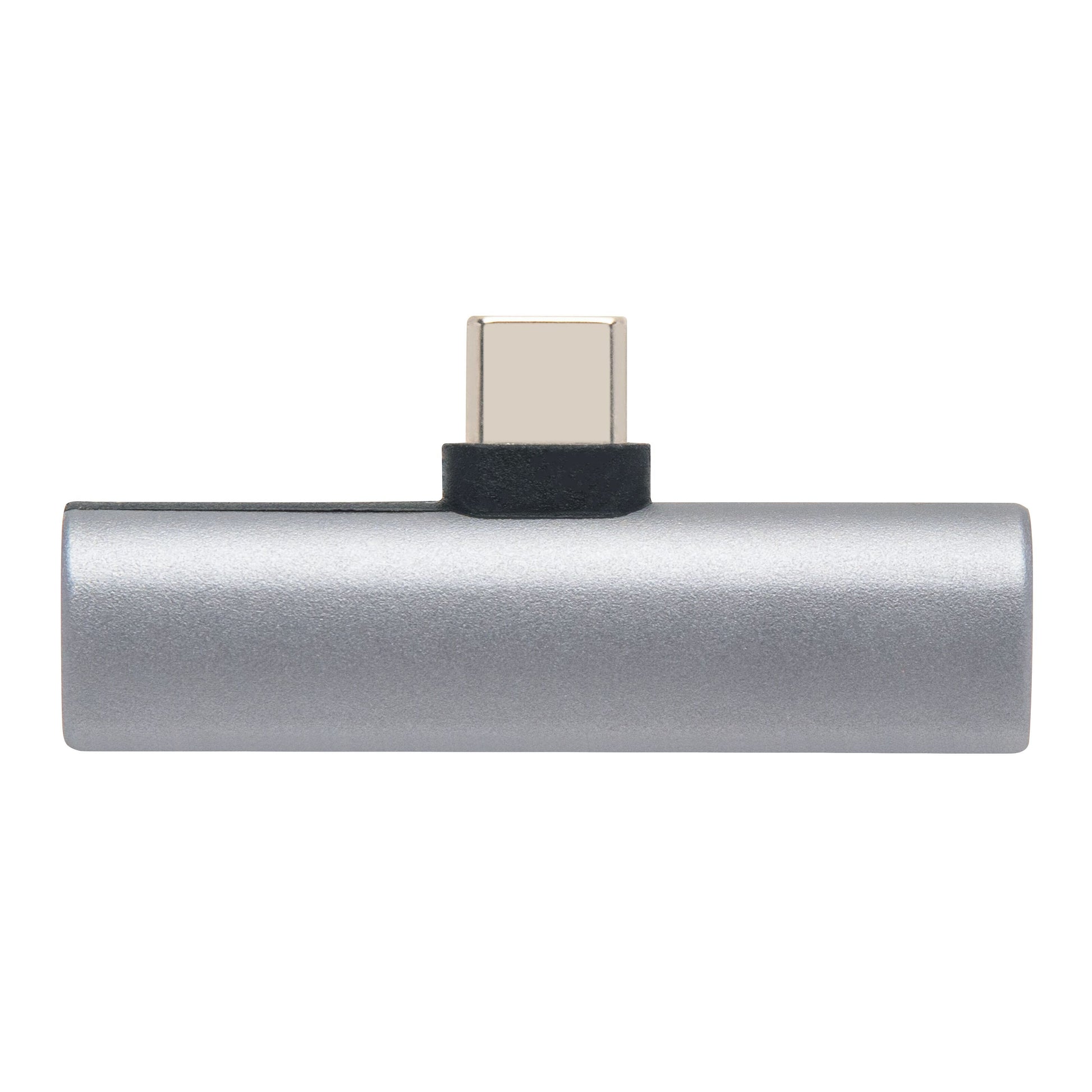 Linocell USB-C til USB-C og 3,5 mm lydadapter, cylindrisk sølvdesign med USB-C stik i toppen til opladning og lyd.
