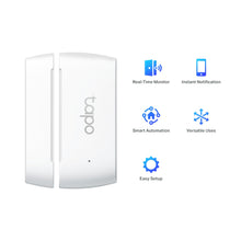 TP-Link Tapo T110 magnetsensor med ikoner til realtidsovervågning, øjeblikkelige alarmer, smart automatisering, alsidig brug, nem opsætning.
