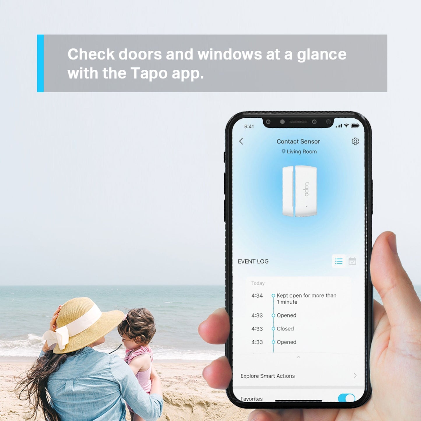 Tapo T110 Magnetsensor vist i Tapo app på smartphone, tekst: Tjek døre og vinduer på et øjeblik med dette smarte hjemmesystem.