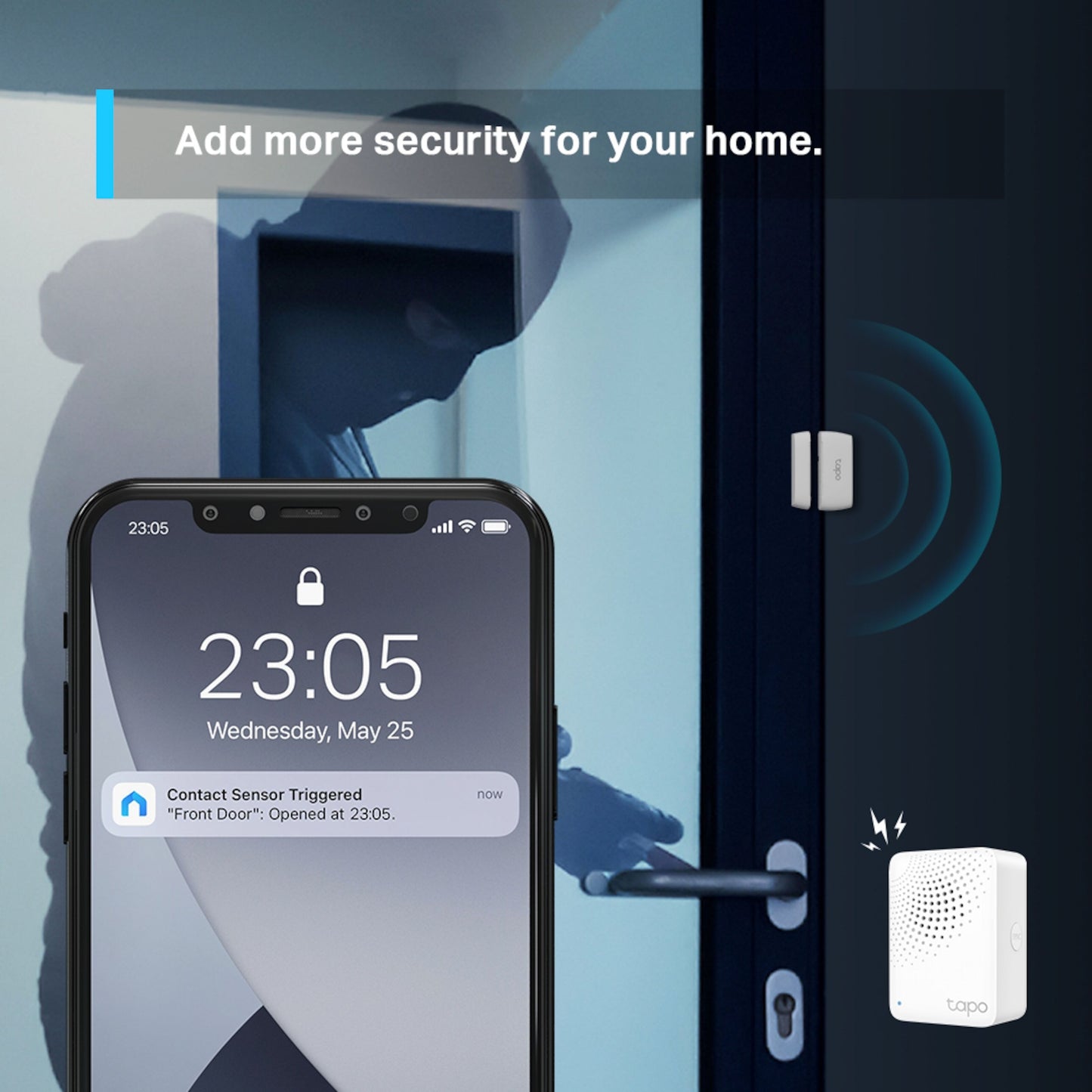 Tapo T110 magnetsensor notification på smartphone, sikkerhedssensor vises sammen med andre smart home-enheder.
