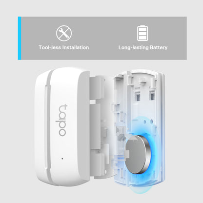 TP-Link Tapo T110 magnetsensor med åben front viser batterirum og værktøjsløs installation.