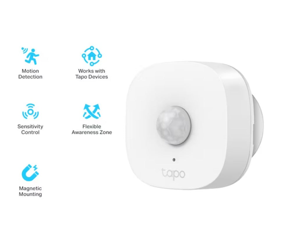 TP-Link Tapo T100 bevægelsessensor hvid med funktioner: bevægelsesdetektion, justerbar følsomhed, magnetisk montering.
