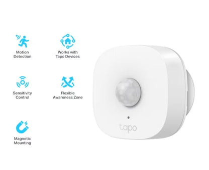 TP-Link Tapo T100 bevægelsessensor hvid med funktioner: bevægelsesdetektion, justerbar følsomhed, magnetisk montering.