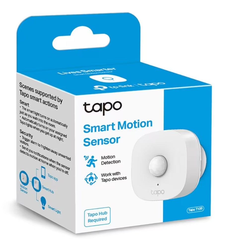 Tapo T100 bevægelsessensor retail boks med sensor-billede, Tapo-kompatibilitet og krav om Tapo-hub.
