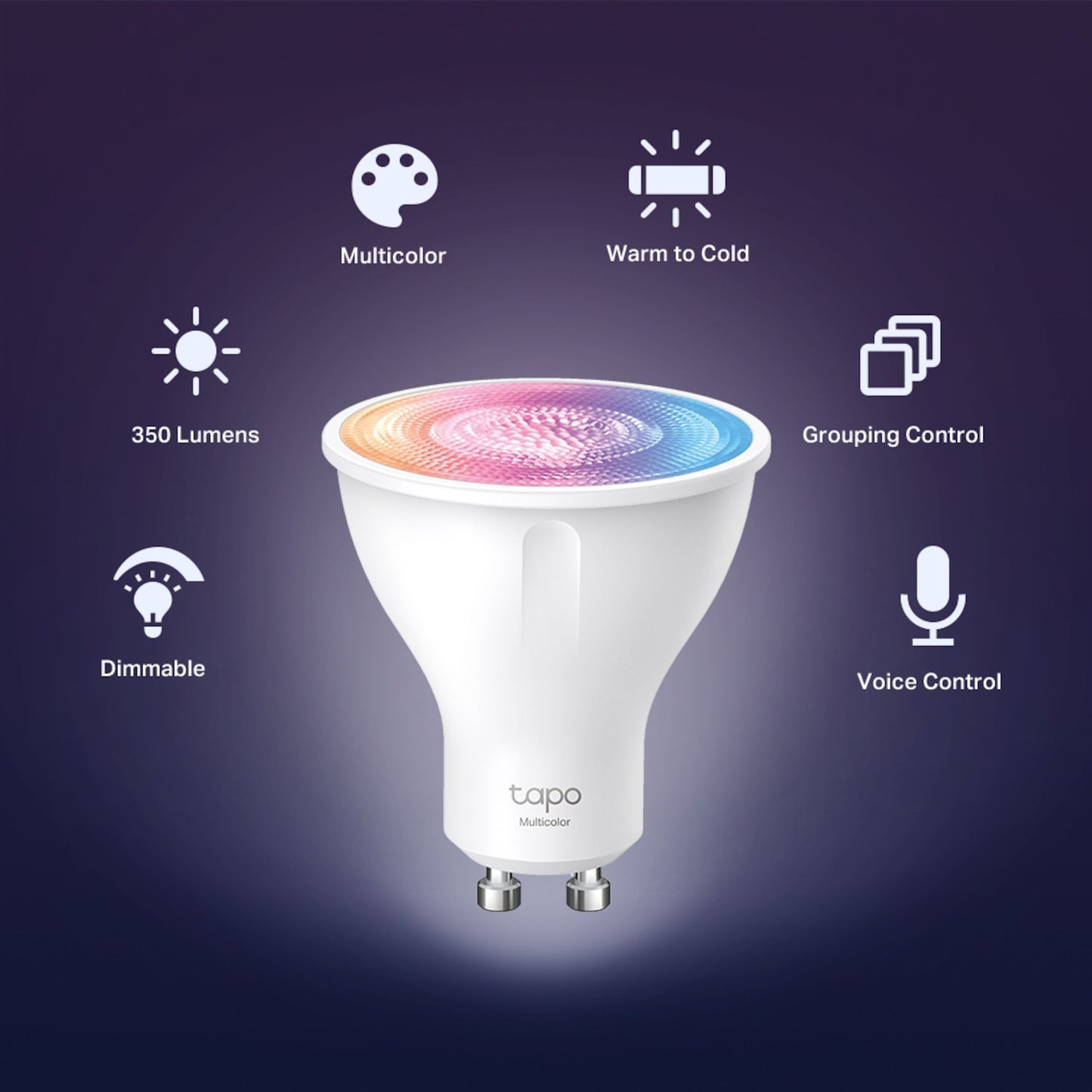 TP-Link Tapo L630 Smart RGB LED-pære GU10 med ikoner for multicolor, justerbar hvid, 350 lm, gruppe og stemmestyring.