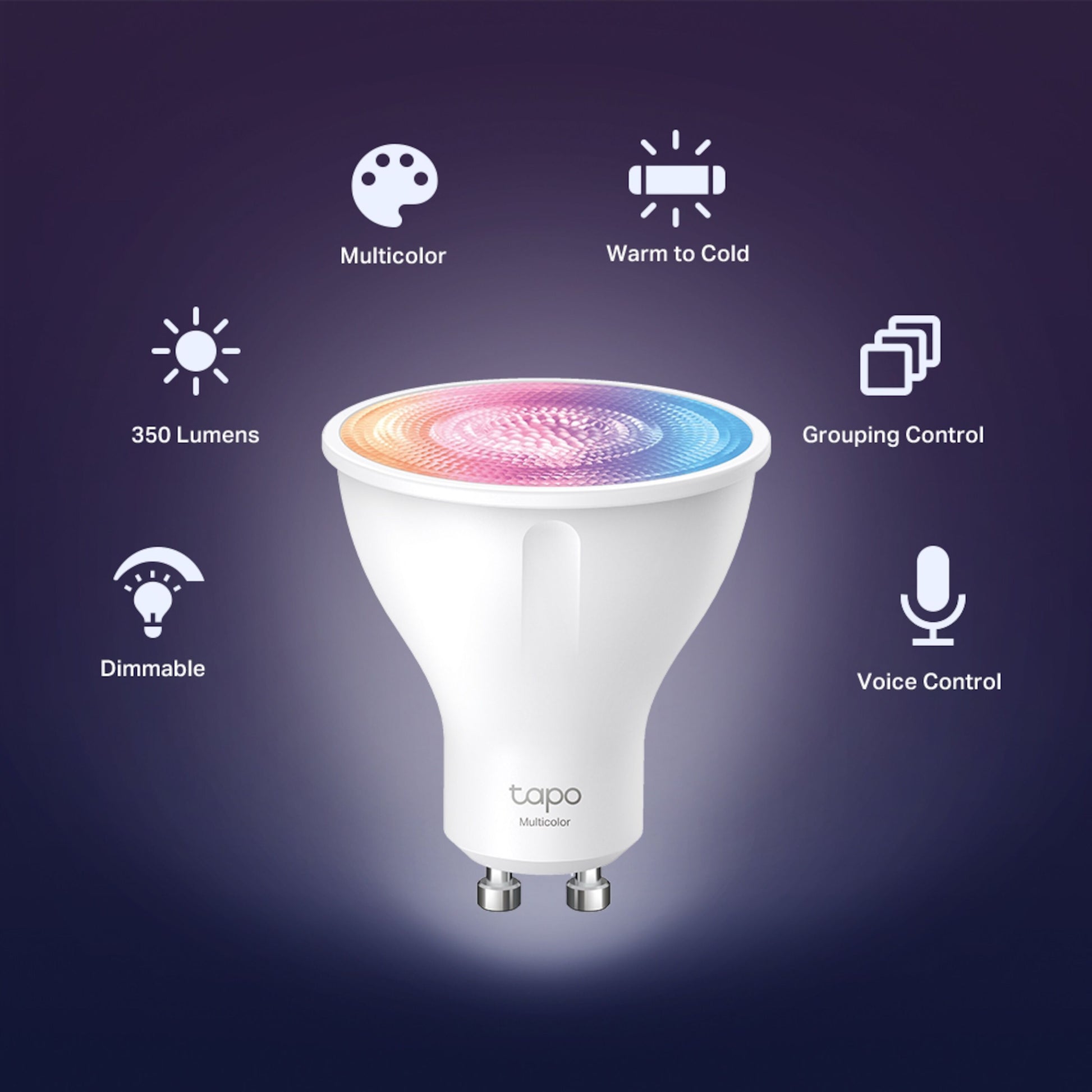 TP-Link Tapo L630 Smart RGB LED-pære GU10 med ikoner for multicolor, justerbar hvid, 350 lm, gruppe og stemmestyring.