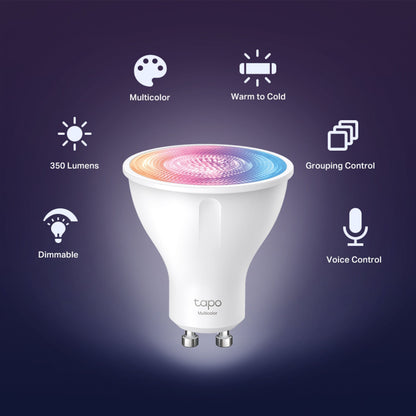 TP-Link Tapo L630 Smart RGB LED-pære GU10 med ikoner for multicolor, justerbar hvid, 350 lm, gruppe og stemmestyring.