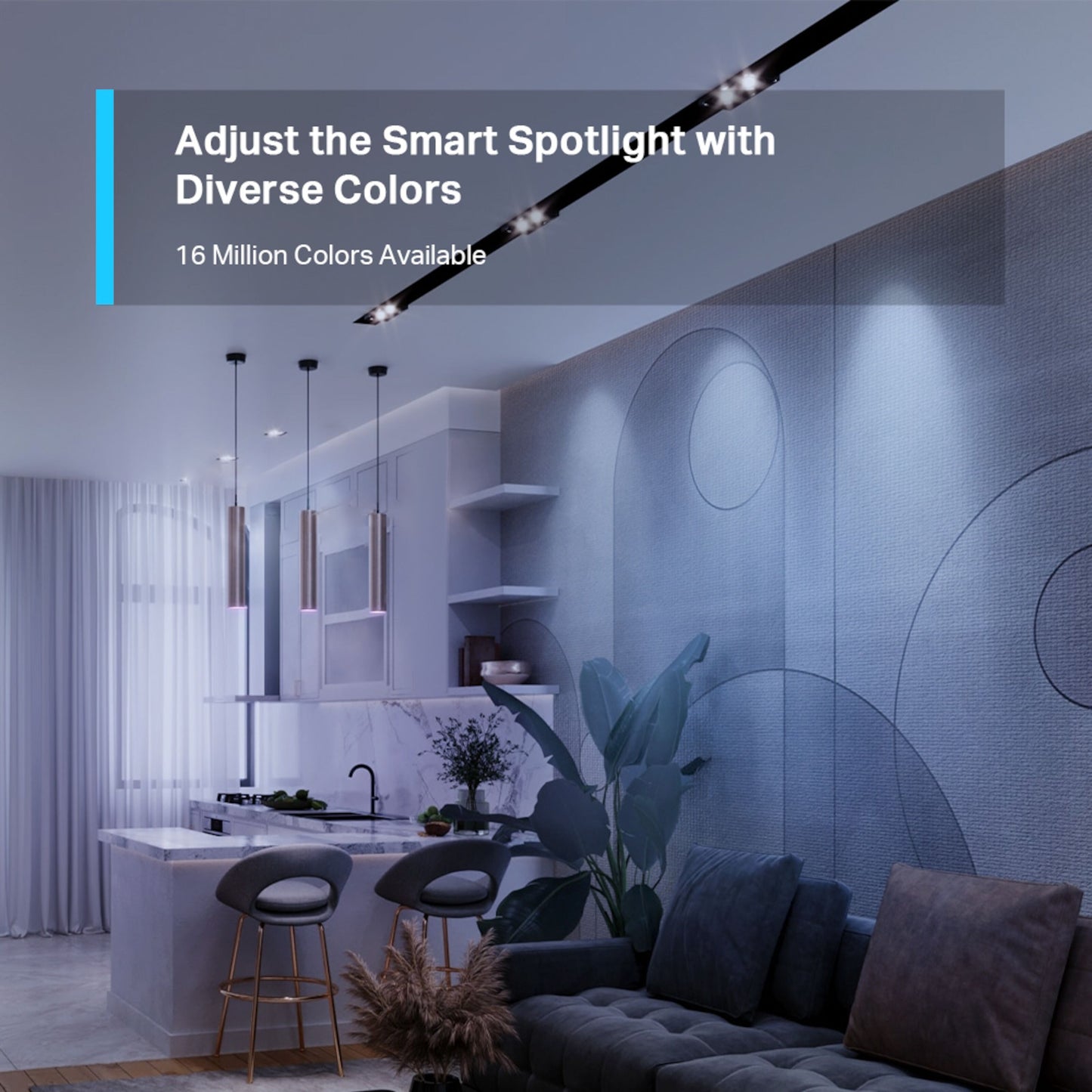 TP-Link Tapo L630 Smart RGB LED-pære GU10 spotlights i loftet, tekst: Juster det smarte lys 16 millioner farver.