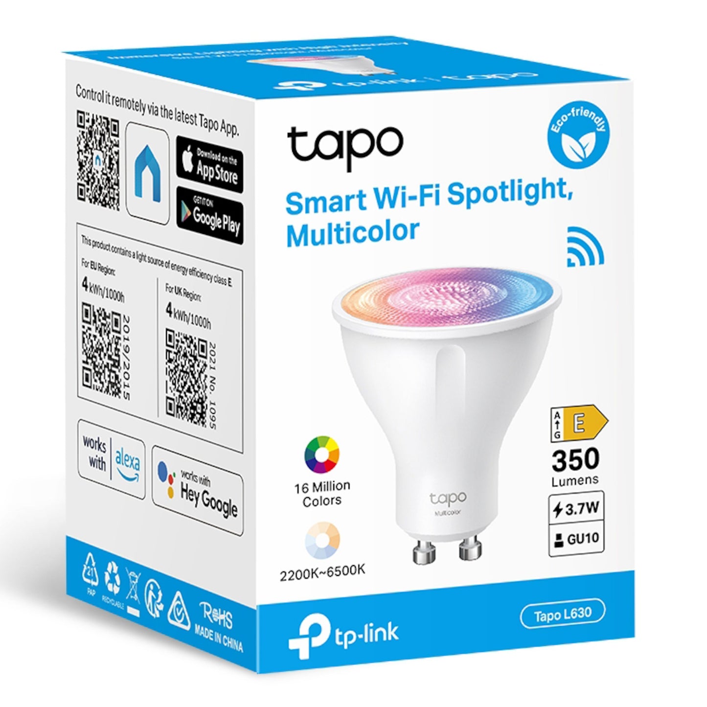 TP-Link Tapo L630 Smart RGB LED-pære GU10 3.7W 350 lumen 16 mio farver (2200K-6500K) kompatibel med Alexa Google Home.